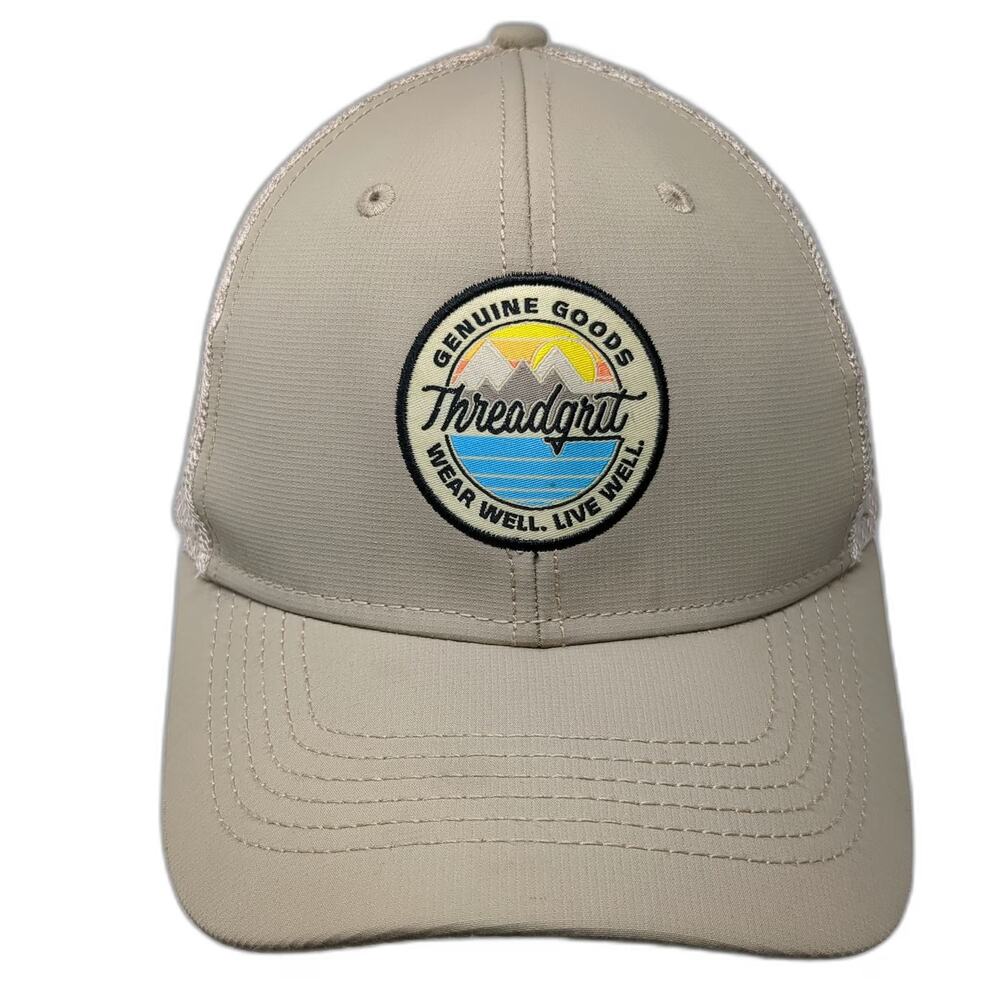 Threadgrit Trucker Hat Beige One Size Snapback Mesh Patch Mountain Sun Landscape